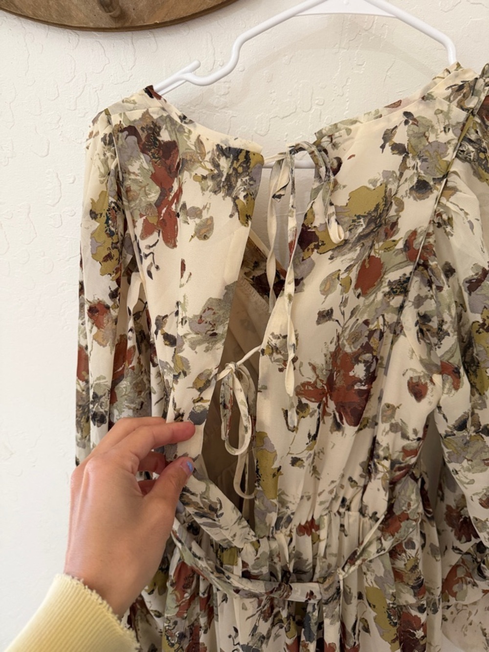 Storia Earthy Floral Flowy Boho Mid Maxi Tie Back Blouson Tiered Dress Small - Picture 5 of 6